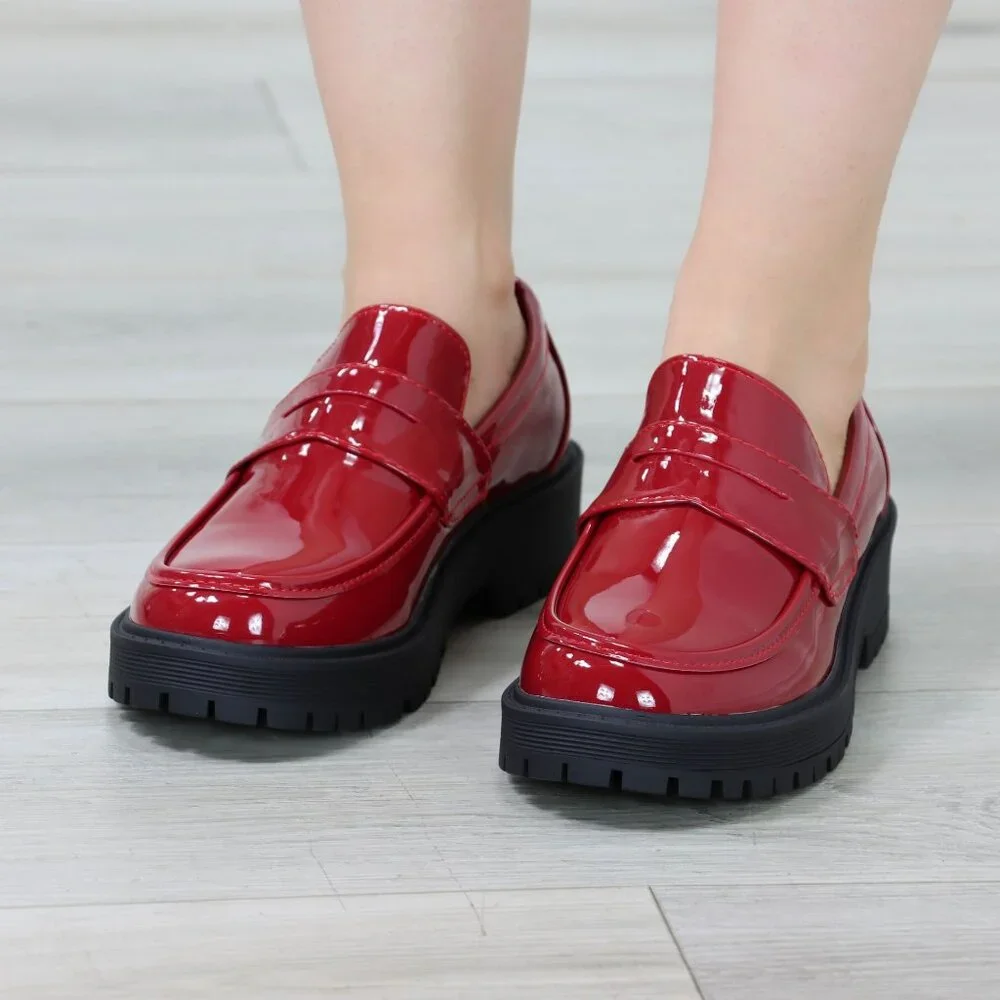 Womens Chunky Penny Loafer Lug Sole Slip On Platform Red Patent - Picture 9 of 16